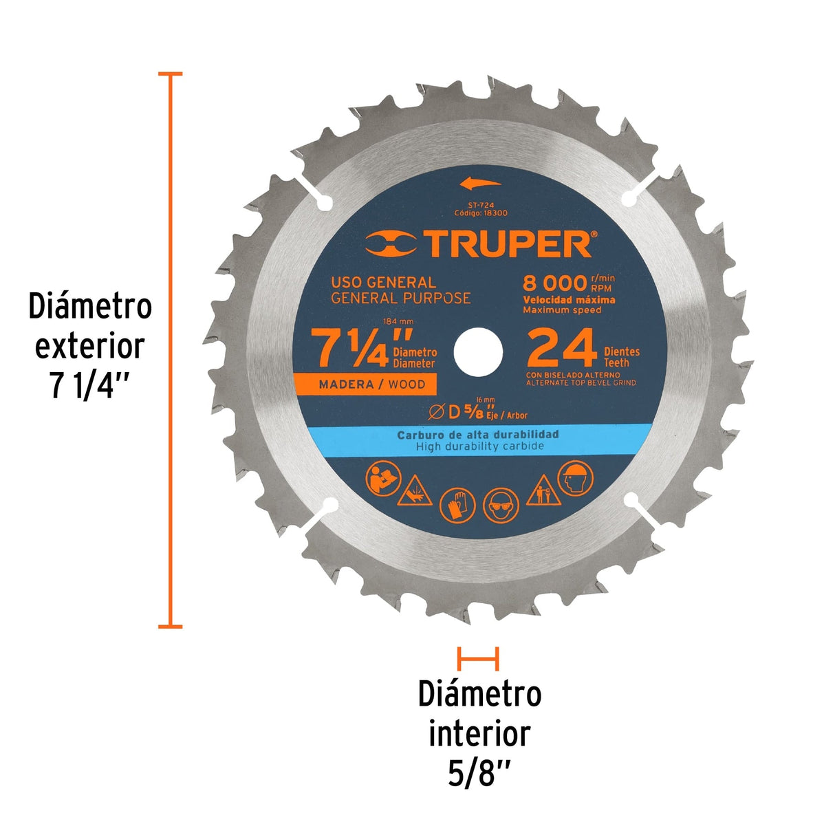 DISCO SIERRA P/MADERA 7 1/4" 24 DIENTES EJE 5/8" 8000RPM USO GENERAL ST-724 18300 TRUPER