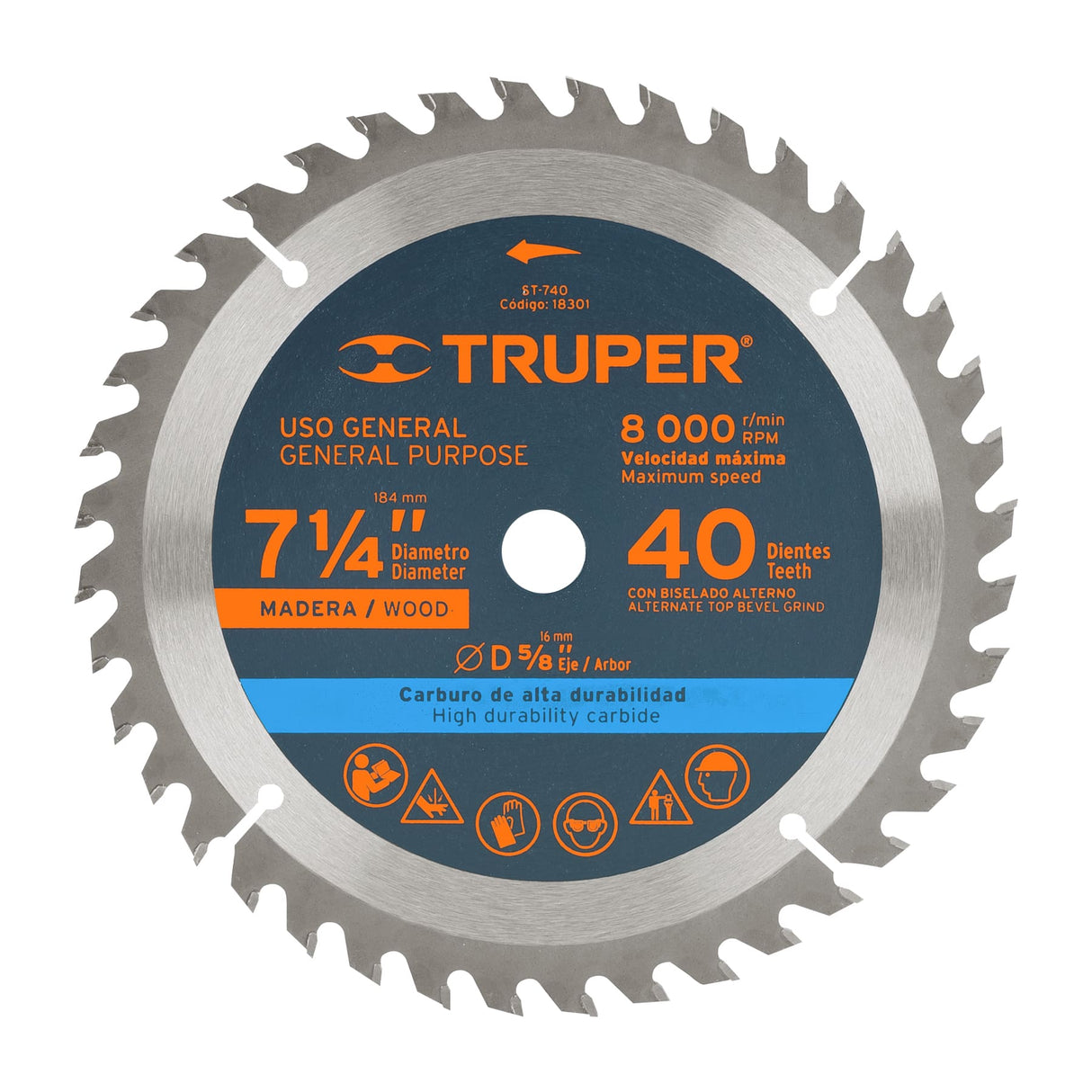DISCO SIERRA P/MADERA 7 1/4" 40 DIENTES EJE 5/8" 8000RPM USO GENERAL ST-740 18301 TRUPER