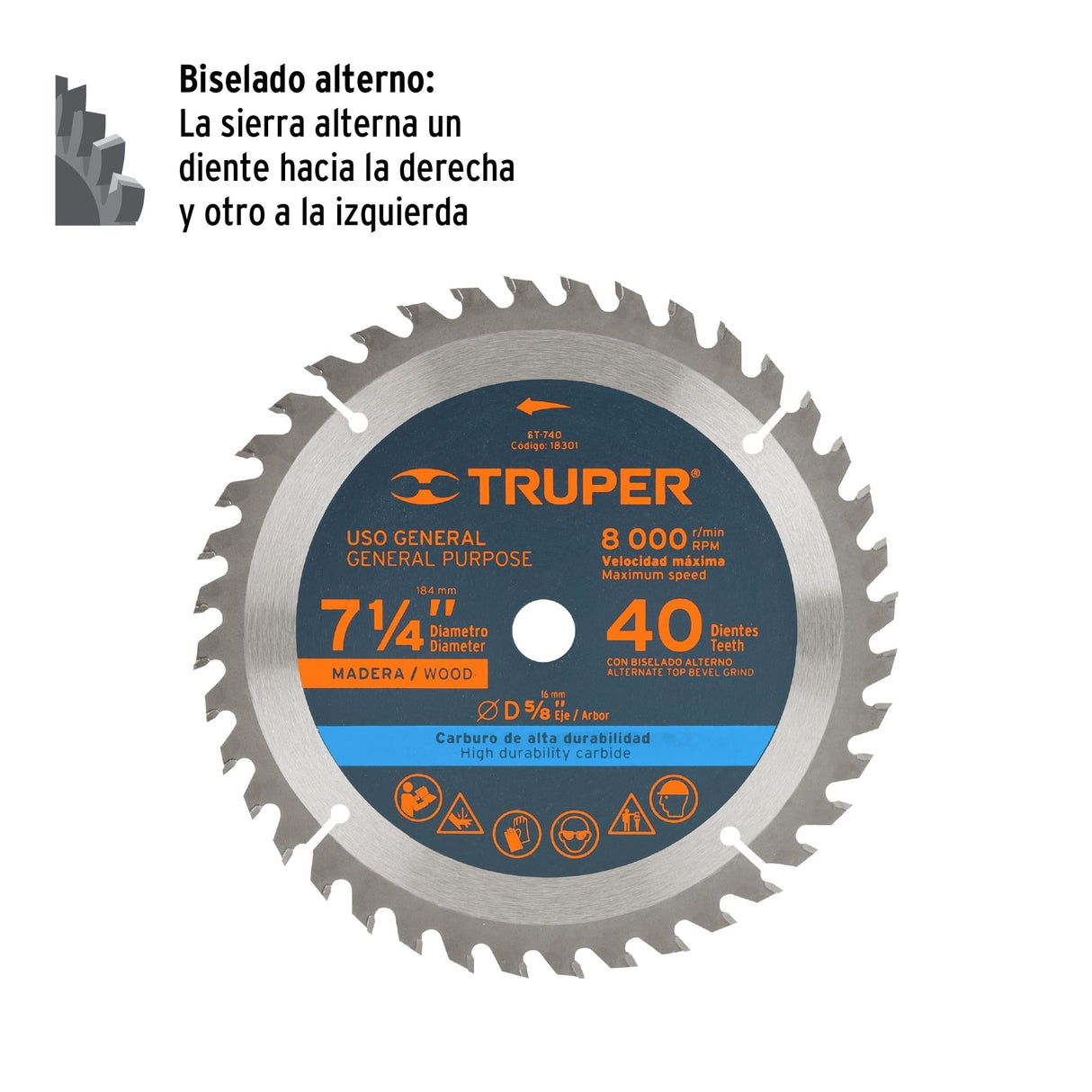 DISCO SIERRA P/MADERA 7 1/4" 40 DIENTES EJE 5/8" 8000RPM USO GENERAL ST-740 18301 TRUPER