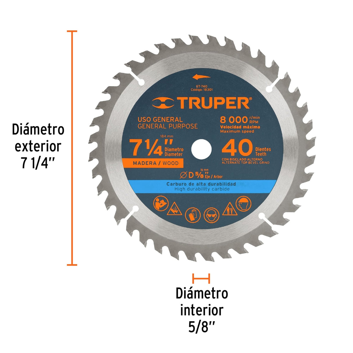 DISCO SIERRA P/MADERA 7 1/4" 40 DIENTES EJE 5/8" 8000RPM USO GENERAL ST-740 18301 TRUPER