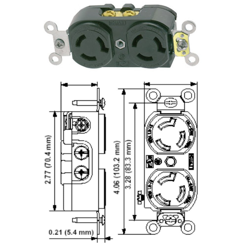 RECEPTACULO FIJO DUPLEX 1/2 VTA 2P 3H 15A 250V NEMA L6-15 NEGRO LEVITON