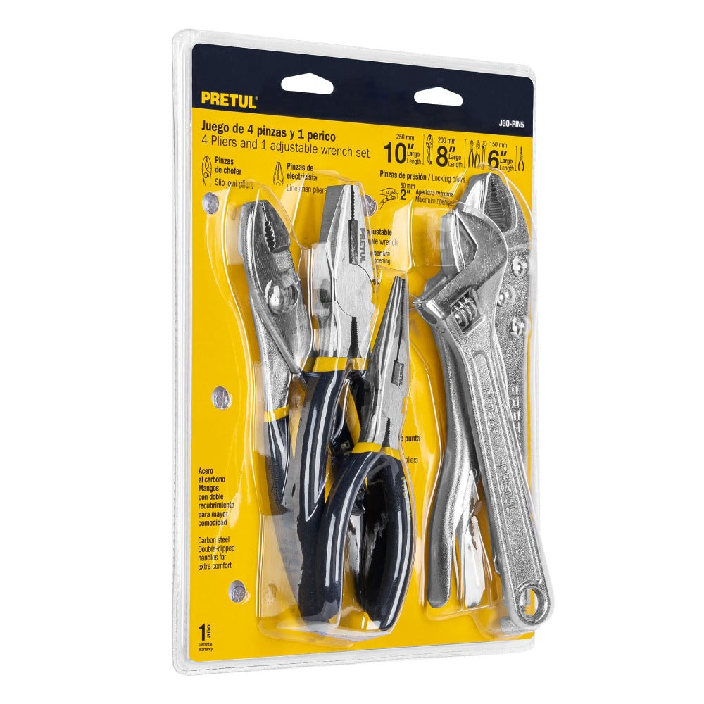 JGO. 4 PINZAS Y 1 LLAVE AJUSTABLE MANGO VINIL JGO-PIN5 22971 TRUPER PRETUL