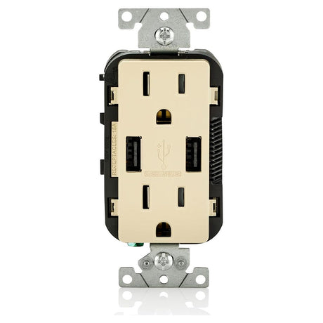 CONTACTO DUPLEX 2P+T CON 2 CONECTORES USB 2.1 AMP CON PLACA STATUS BCO MARFIL