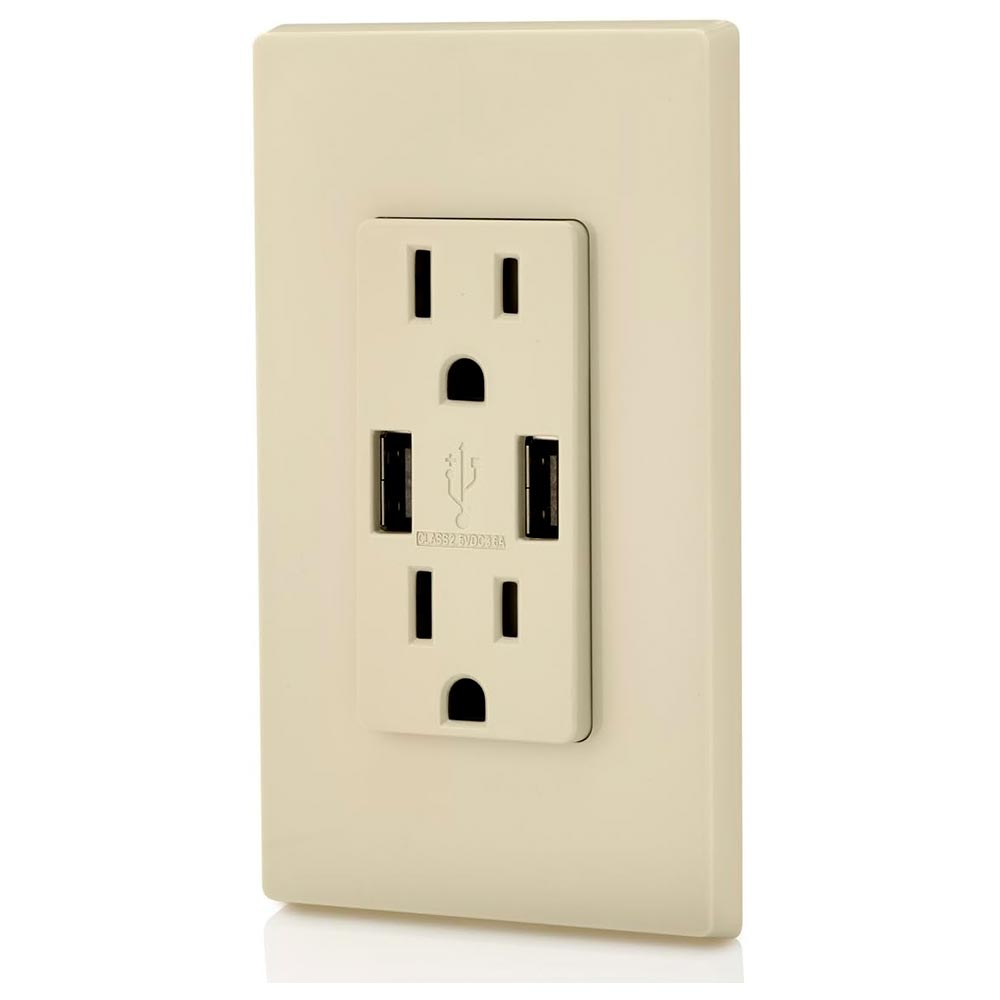 CONTACTO DUPLEX 2P+T CON 2 CONECTORES USB 2.1 AMP CON PLACA STATUS BCO MARFIL