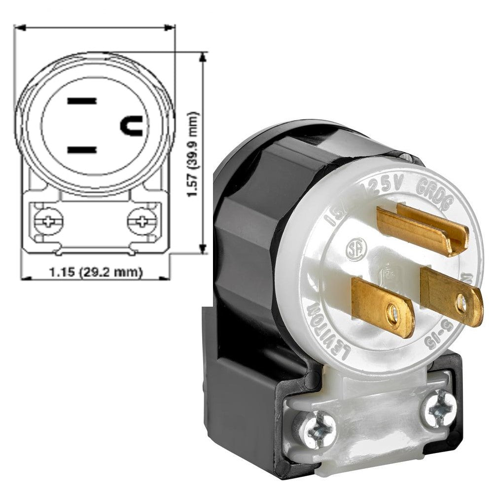 CLAVIJA ANGULAR NYLON 2P 3H 15A 125V NEGRA-BLANCA LEVITON