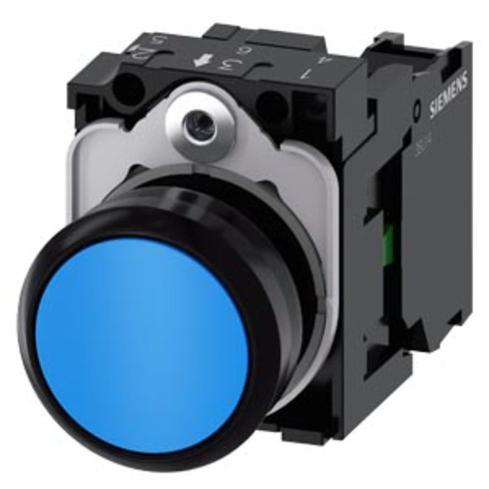 PULSADOR 22 MM REDONDO PLÁSTICO AZUL BOTÓN RASANTE MOMENTÁNEO CON SOPORTE 1 NA 3SU11000AB501BA0 ANTECESOR 3SB32010AA51