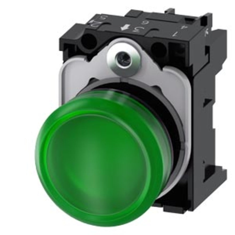 LÁMPARA DE SEÑALIZACIÓN 22 MM REDONDO PLÁSTICO VERDE LENTE LISO CON SOPORTE MÓDULO LED CON LED INTGR. 24 V AC/DC 3SU11026AA401AA0 ANTECESOR 3SB32446BA40