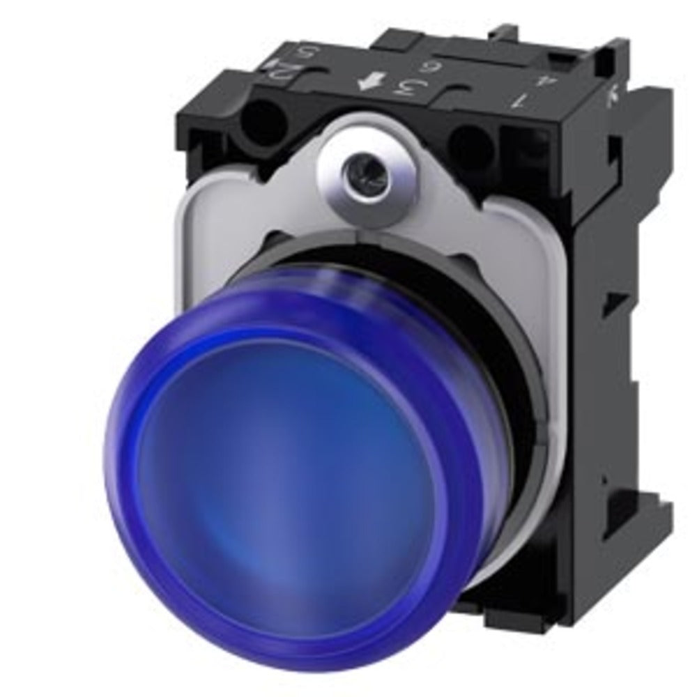 LÁMPARA DE SEÑALIZACIÓN 22 MM REDONDO PLÁSTICO AZUL LENTE LISO CON SOPORTE MÓDULO LED CON LED INTGR. 24 V AC/DC 3SU11026AA501AA0 ANTECESOR 3SB32446BA50