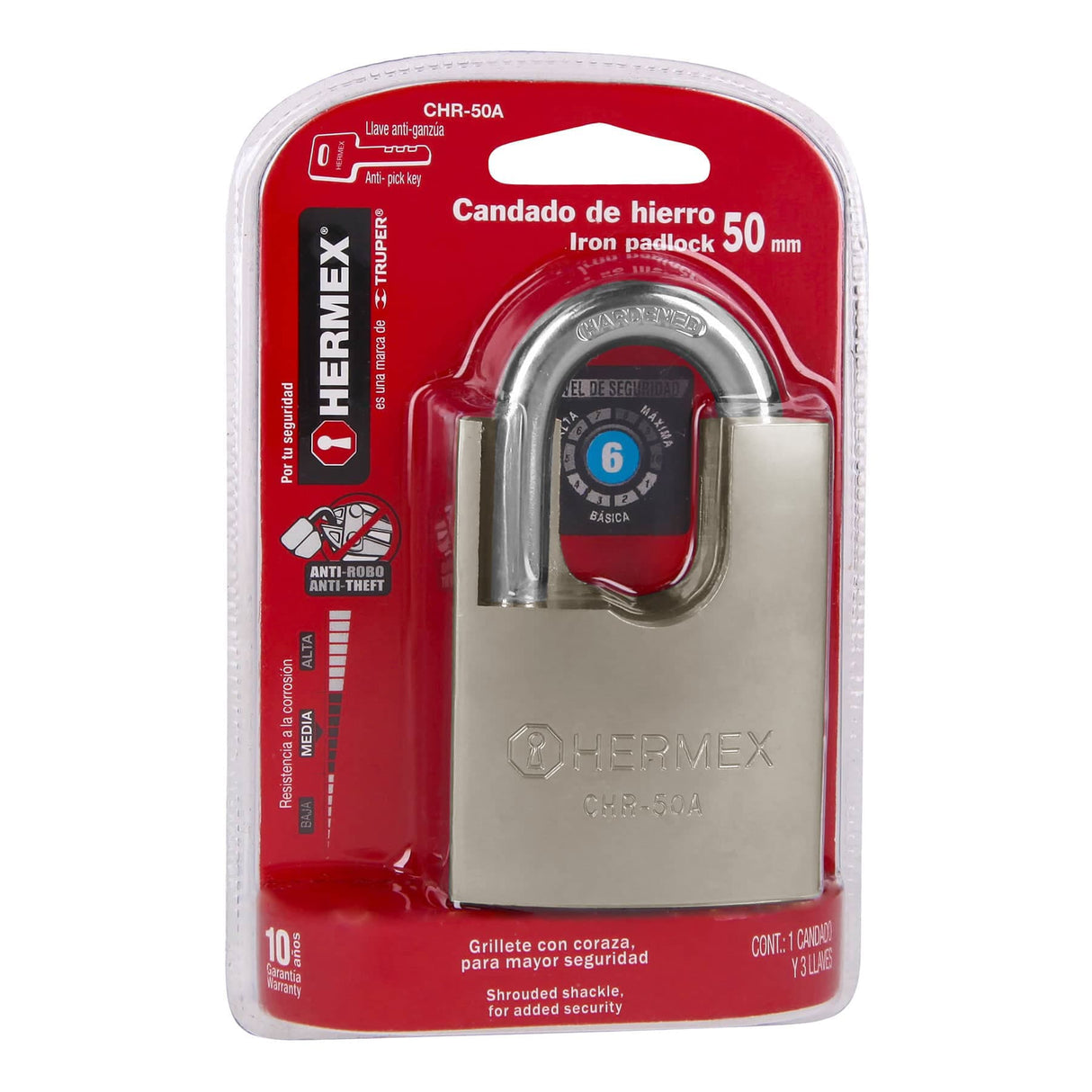 CANDADO DE HIERRO CON CORAZA 50 MM LLAVE ANTI-GANZUA MCA TRUPER HERMEX *** OFRECER L22A50DCSB ***