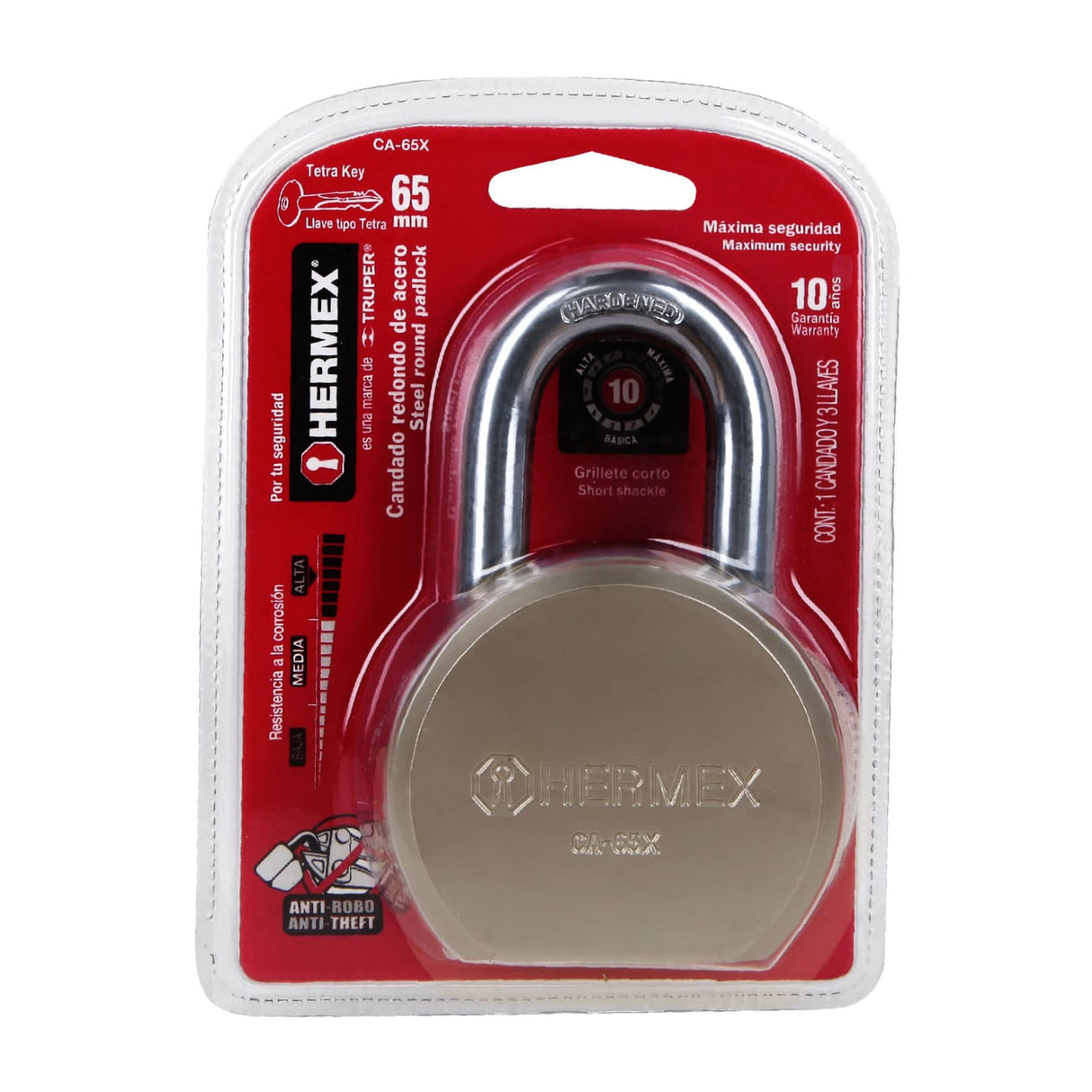 CANDADO ACERO REDONDO 65MM TETRA MCA TRUPER HERMEX *** OFRECER L22S65EACB ***