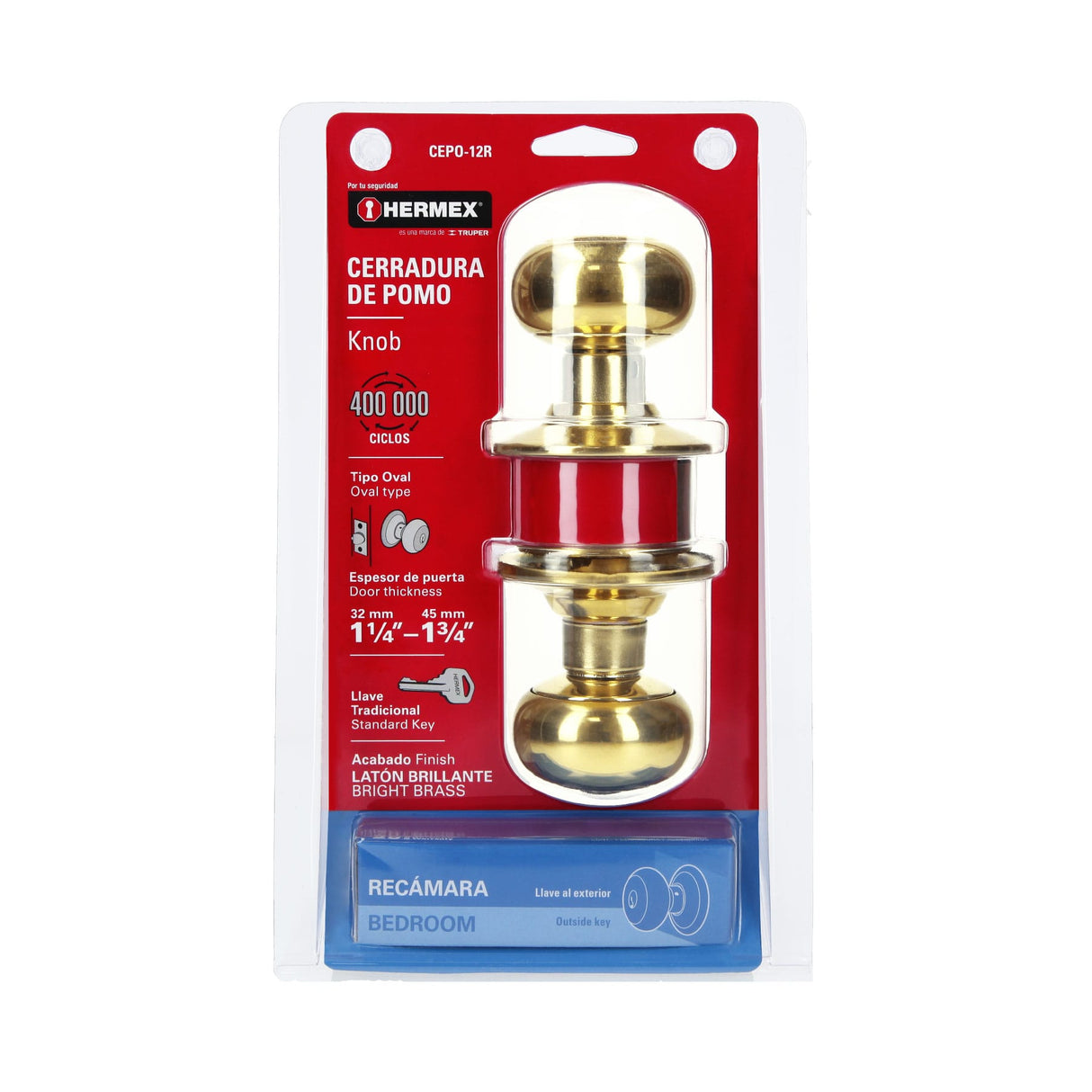CERRADURA POMO LATON BRILLANTE OVAL RECAMARA MCA TRUPER HERMEX