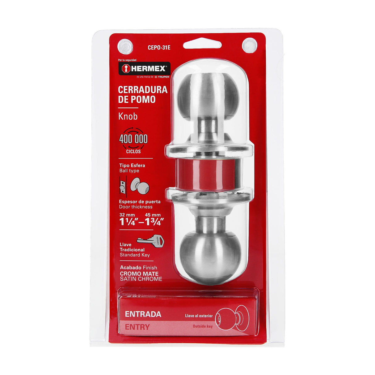 CERRADURA POMO CROMO MATE ESFERA ENTRADA MCA TRUPER HERMEX