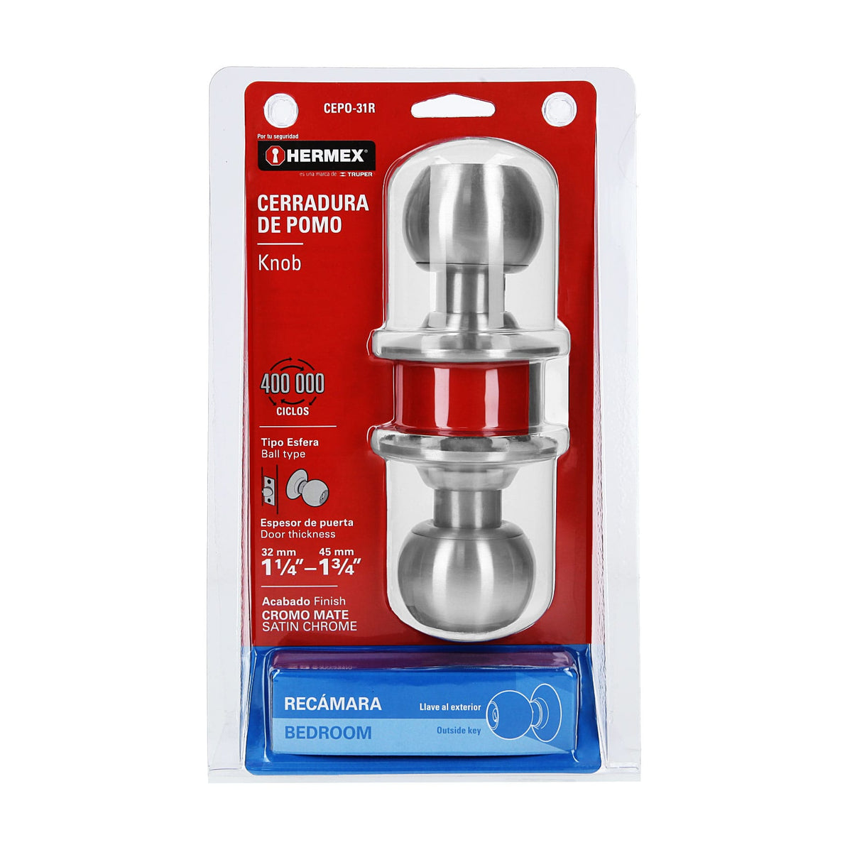 CERRADURA POMO CROMO MATE ESFERA RECAMARA MCA TRUPER HERMEX