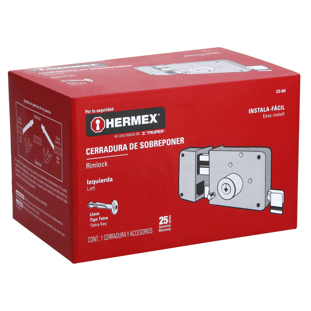 CERRADURA DE SOBREPONER CLASICA INSTALA-FACIL TETRA IZQ. CS-85I HERMEX *** SIMILAR 43573 ***