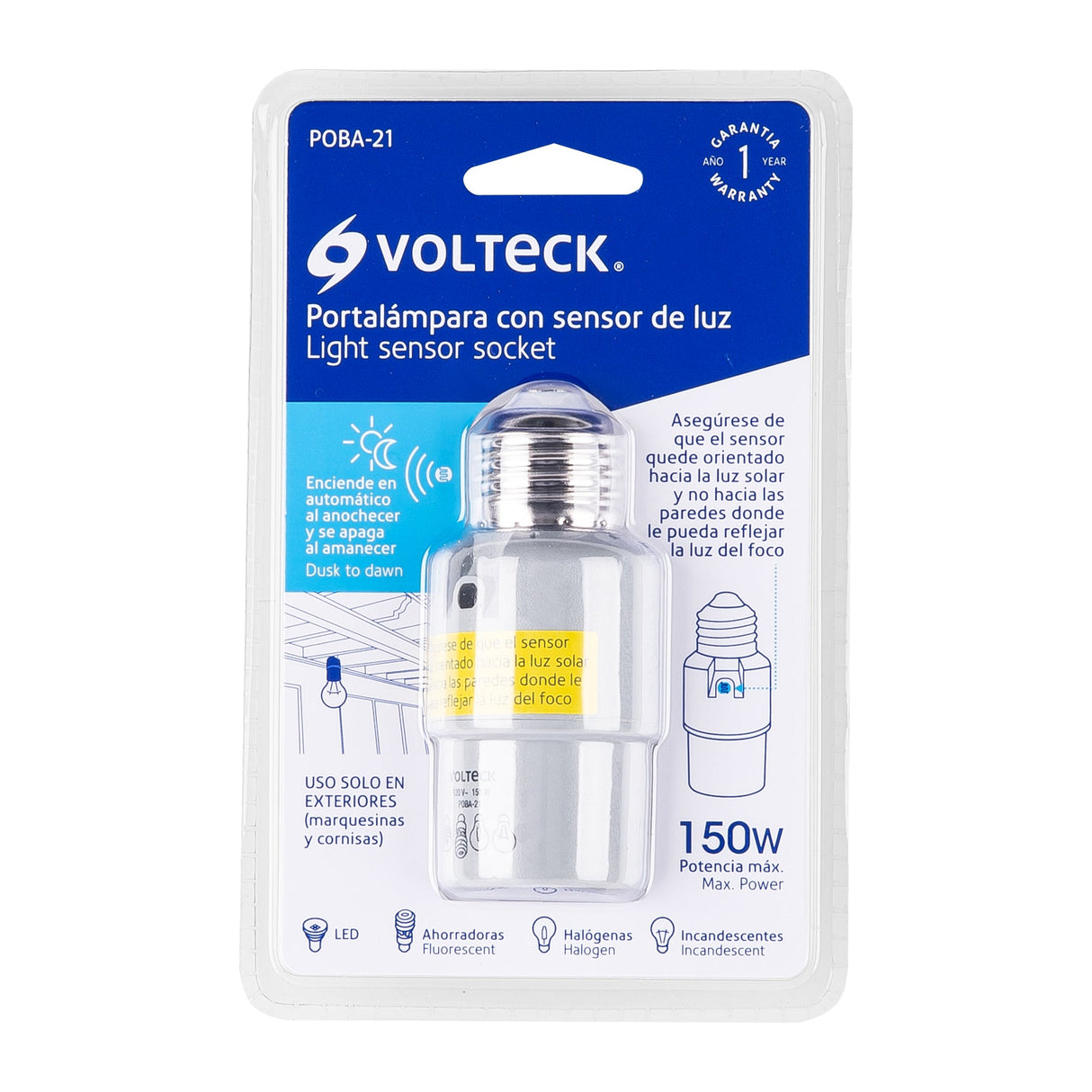 PORTALAMPARA CON SENSOR DE LUZ 150W. 120V. BLANCO E26/E27 POBA-21 46534 TRUPER