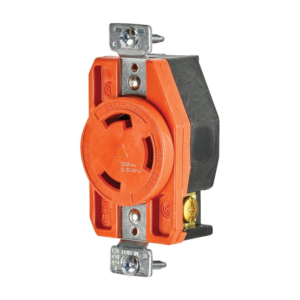 RECEPTACULO SENCILLO MEDIA VUELTA 2P3H TIERRA AISLADA 30A 250VCA NEMA L5-30 INDUST. NARANJA