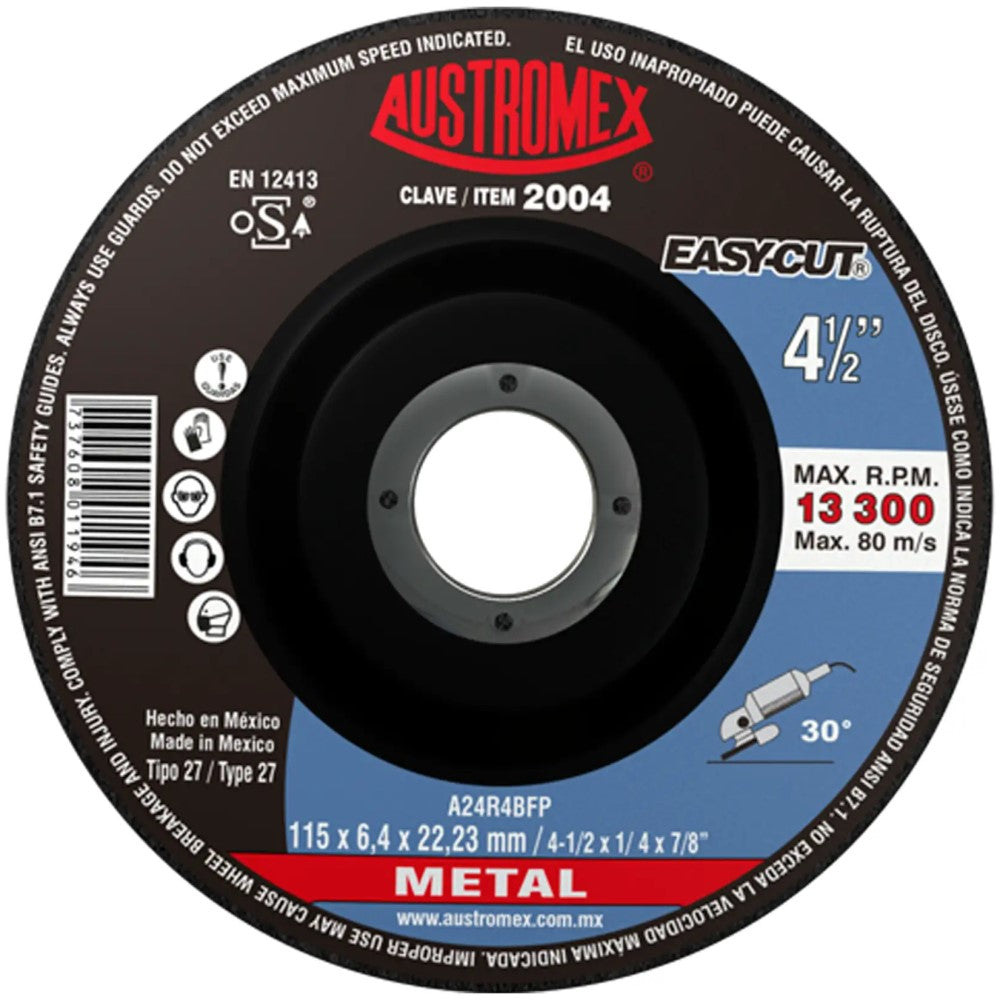 DISCO CON CENTRO DEPRIMIDO PARA DESBASTE DE METAL A24R4BFP 4-1/2X1/4X7/8 MCA AUSTROMEX