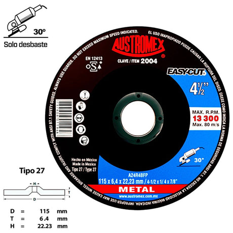 DISCO CON CENTRO DEPRIMIDO PARA DESBASTE DE METAL A24R4BFP 4-1/2X1/4X7/8 MCA AUSTROMEX