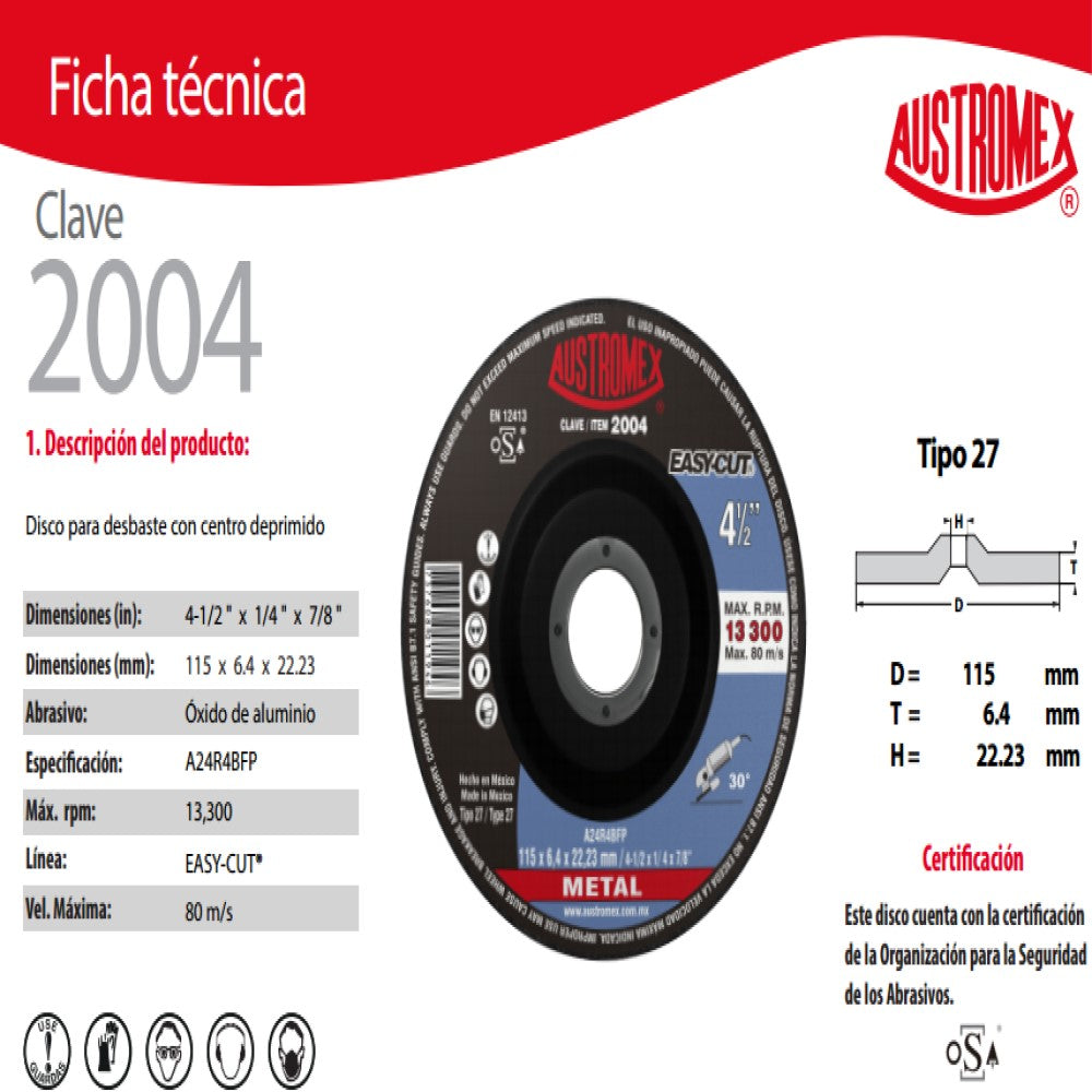 DISCO CON CENTRO DEPRIMIDO PARA DESBASTE DE METAL A24R4BFP 4-1/2X1/4X7/8 MCA AUSTROMEX