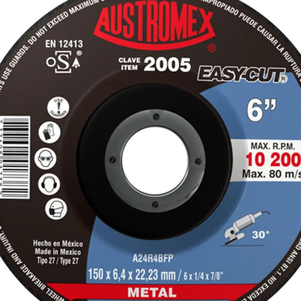 DISCO CON CENTRO DEPRIMIDO PARA DESBASTE DE METAL A24R4BFP 6X1/4X7/8 150X6.4X22.23 MCA AUSTROMEX