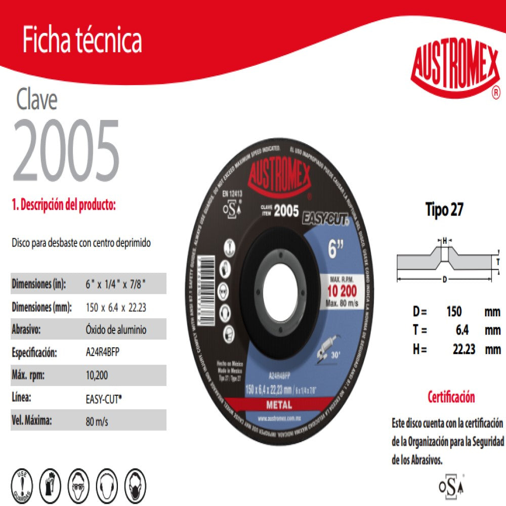 DISCO CON CENTRO DEPRIMIDO PARA DESBASTE DE METAL A24R4BFP 6X1/4X7/8 150X6.4X22.23 MCA AUSTROMEX