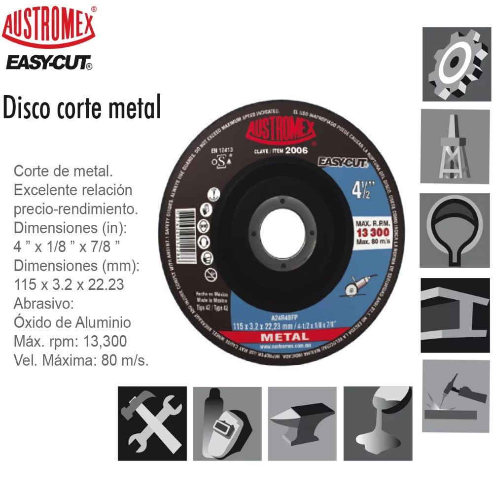 DISCO CON CENTRO DEPRIMIDO PARA CORTE DE METAL A24R4BFP 4-1/2X1/8X7/8 115X3.2X22.23 MCA AUSTROMEX