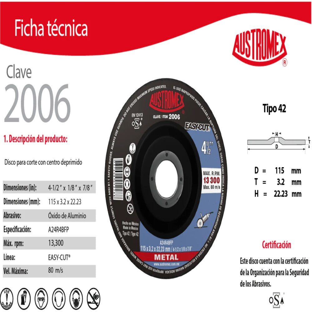 DISCO CON CENTRO DEPRIMIDO PARA CORTE DE METAL A24R4BFP 4-1/2X1/8X7/8 115X3.2X22.23 MCA AUSTROMEX