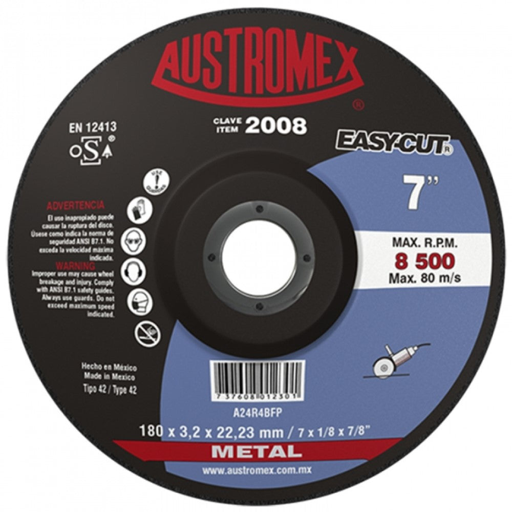 DISCO CON CENTRO DEPRIMIDO PARA CORTE DE METAL A24R4BFP 7X1/8X7/8 180X3.2X22.23 MCA AUSTROMEX