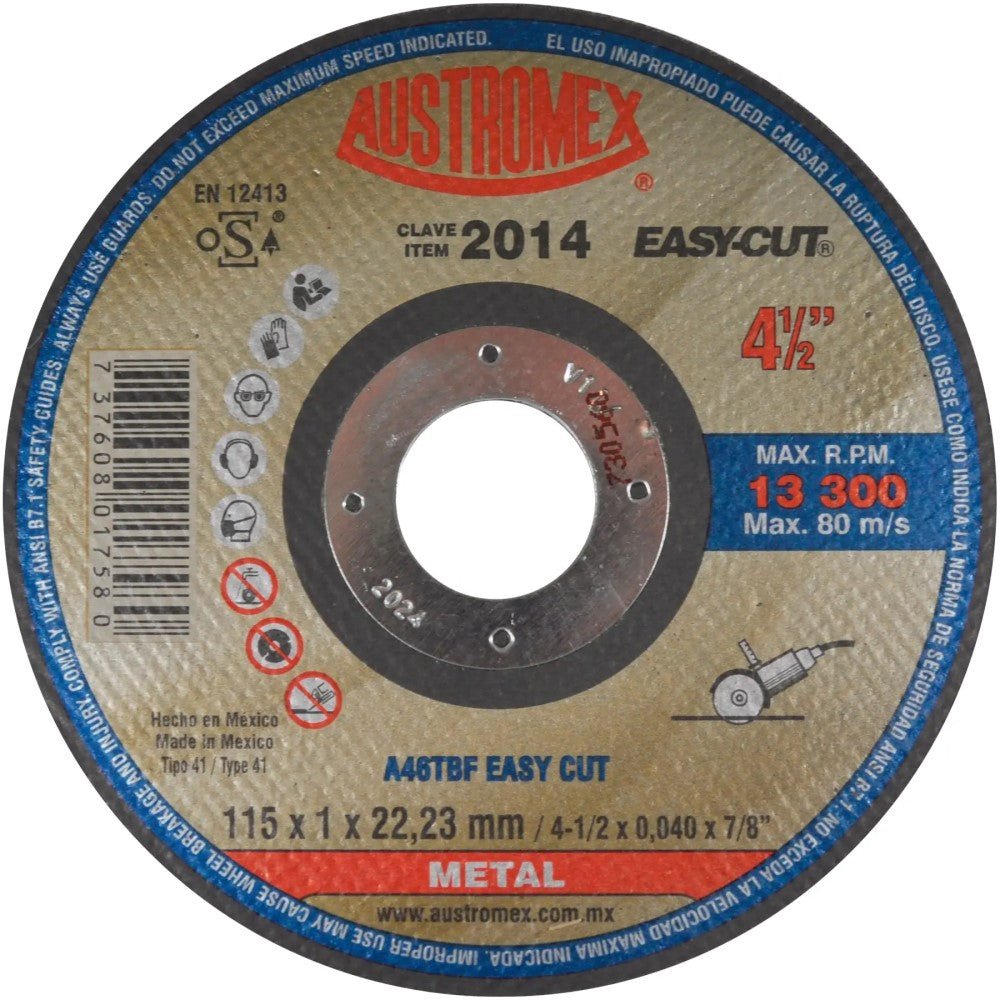 DISCO PARA CORTE DE METAL A46TBF EASY CUT A46TBF EASY CUT 4-1/2X0040X7/8 115X1X22.23 MCA AUSTROMEX