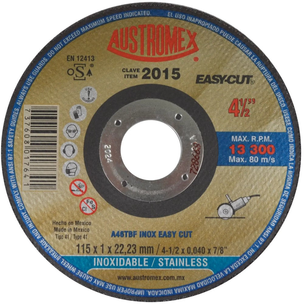 DISCO SUPER PRECISO PARA CORTE DE ACERO INOXIDABLE A46TBF INOX EASY CUT 4-1/2X0040X7/8 115X1X22.23 MCA AUSTROMEX