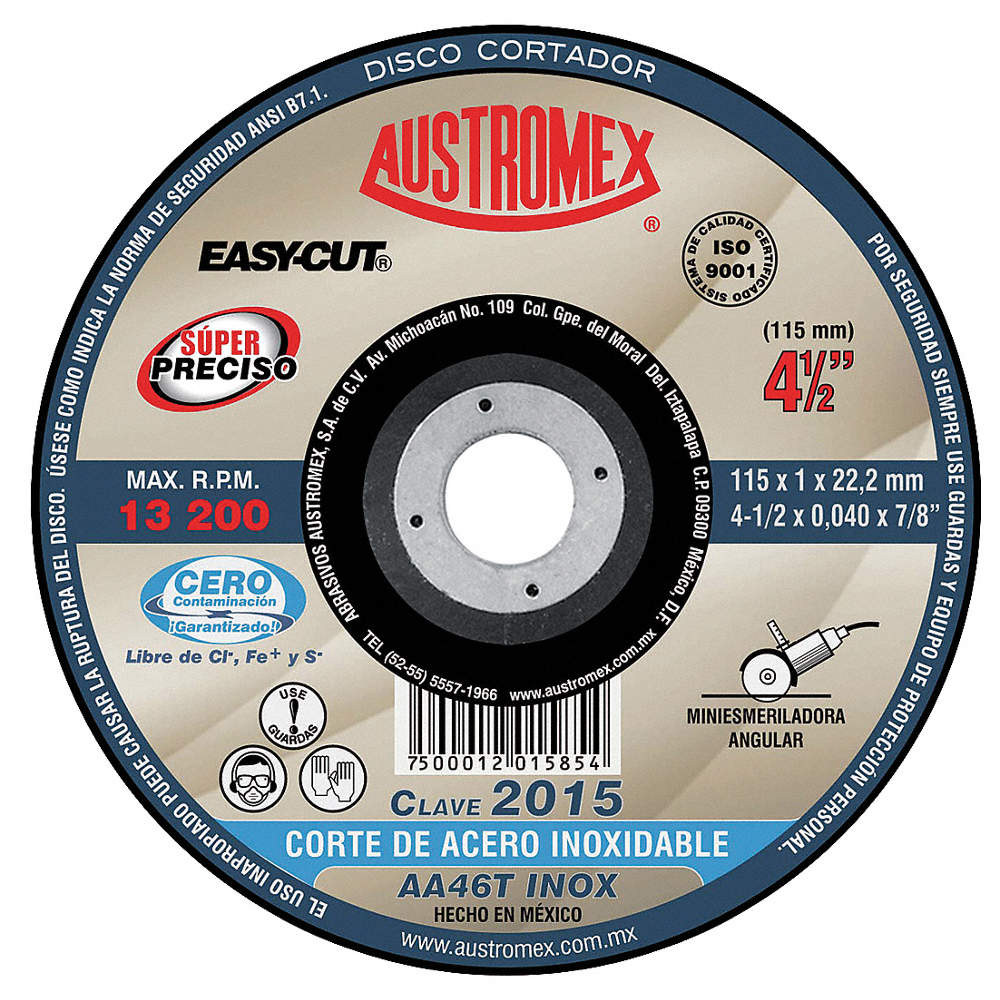 DISCO SUPER PRECISO PARA CORTE DE ACERO INOXIDABLE A46TBF INOX EASY CUT 4-1/2X0040X7/8 115X1X22.23 MCA AUSTROMEX