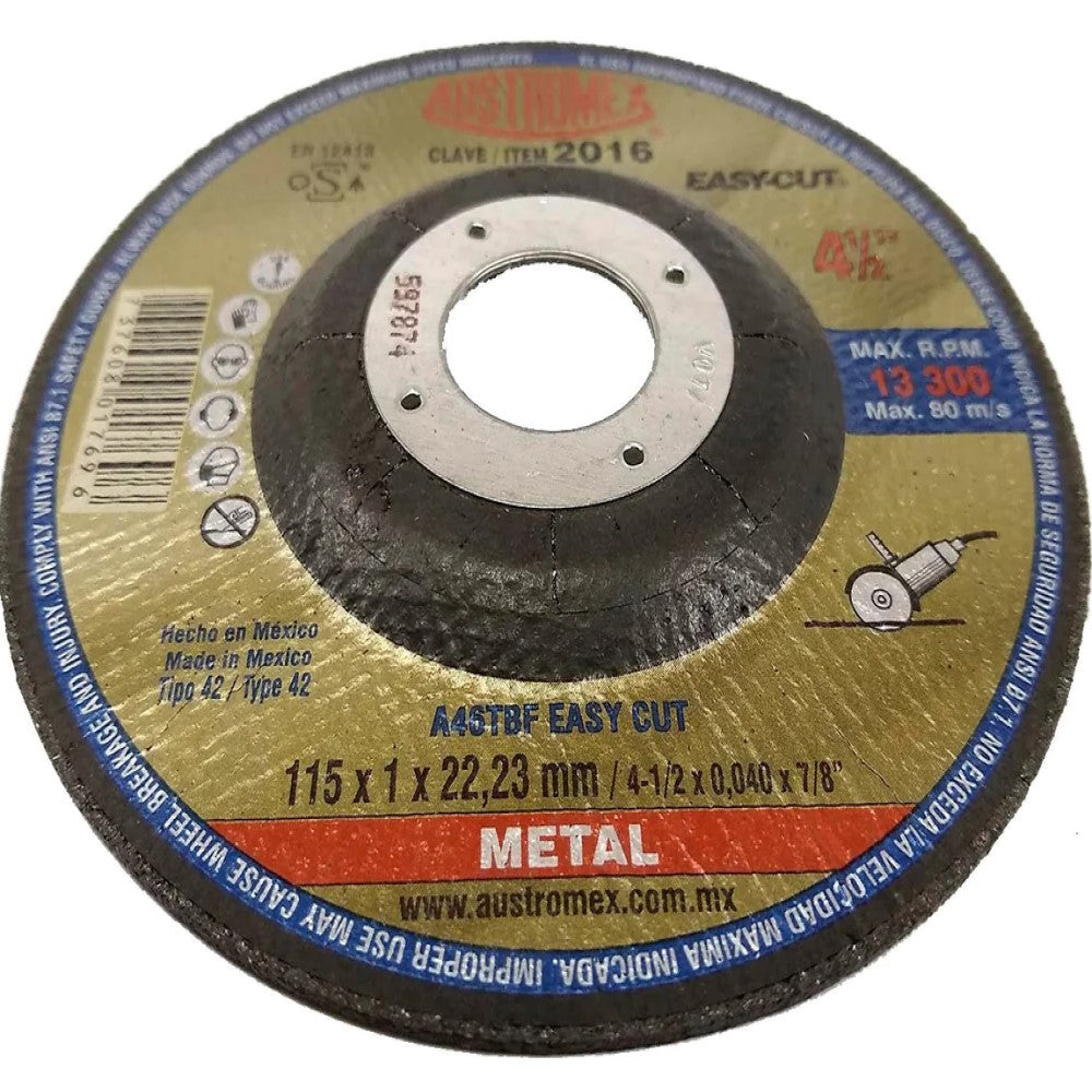 DISCO CON CENTRO DEPRIMIDO PARA CORTE DE METAL - SP A46TBF EASY CUT 4-1/2X0040X7/8 115X1X22.23 MCA AUSTROMEX