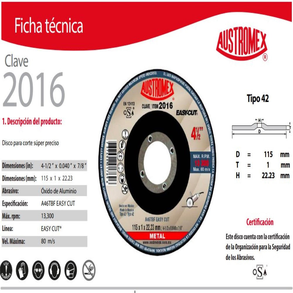 DISCO CON CENTRO DEPRIMIDO PARA CORTE DE METAL - SP A46TBF EASY CUT 4-1/2X0040X7/8 115X1X22.23 MCA AUSTROMEX