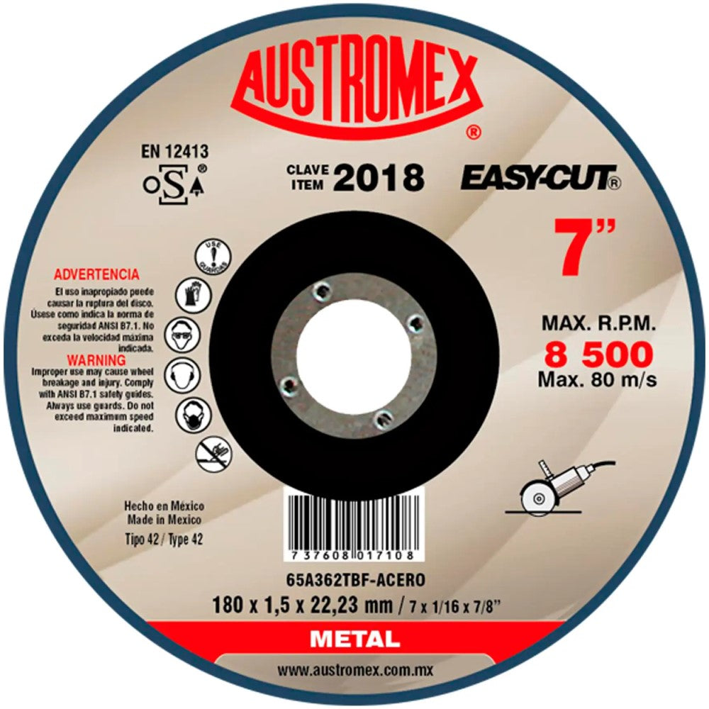DISCO PARA CORTE DE METAL A46M11BF 7X1/16X7/8 180X1.5X22.23 MCA AUSTROMEX