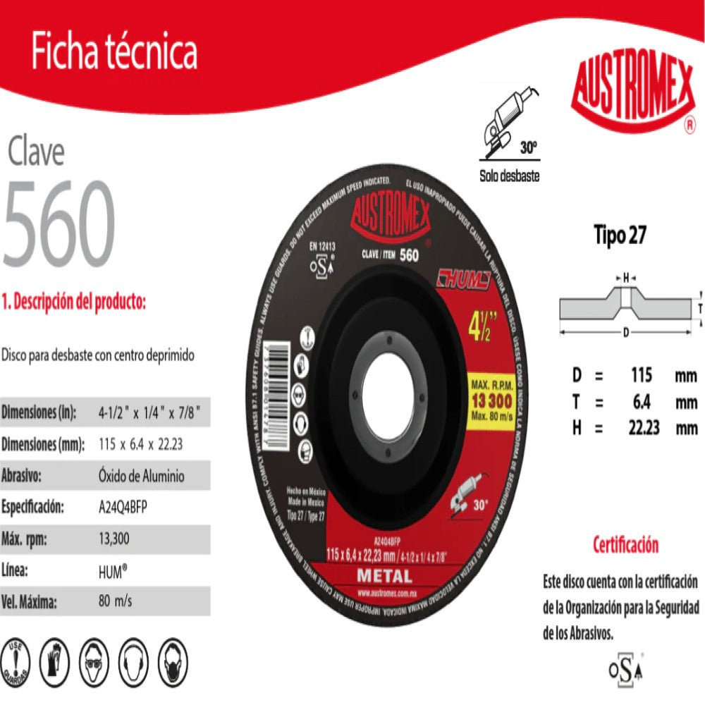 DISCO CON CENTRO DEPRIMIDO PARA DESBASTE DE METAL A24Q4BFP 4-1/2X1/4X7/8 (115X6.4X22.23) MCA AUSTROMEX