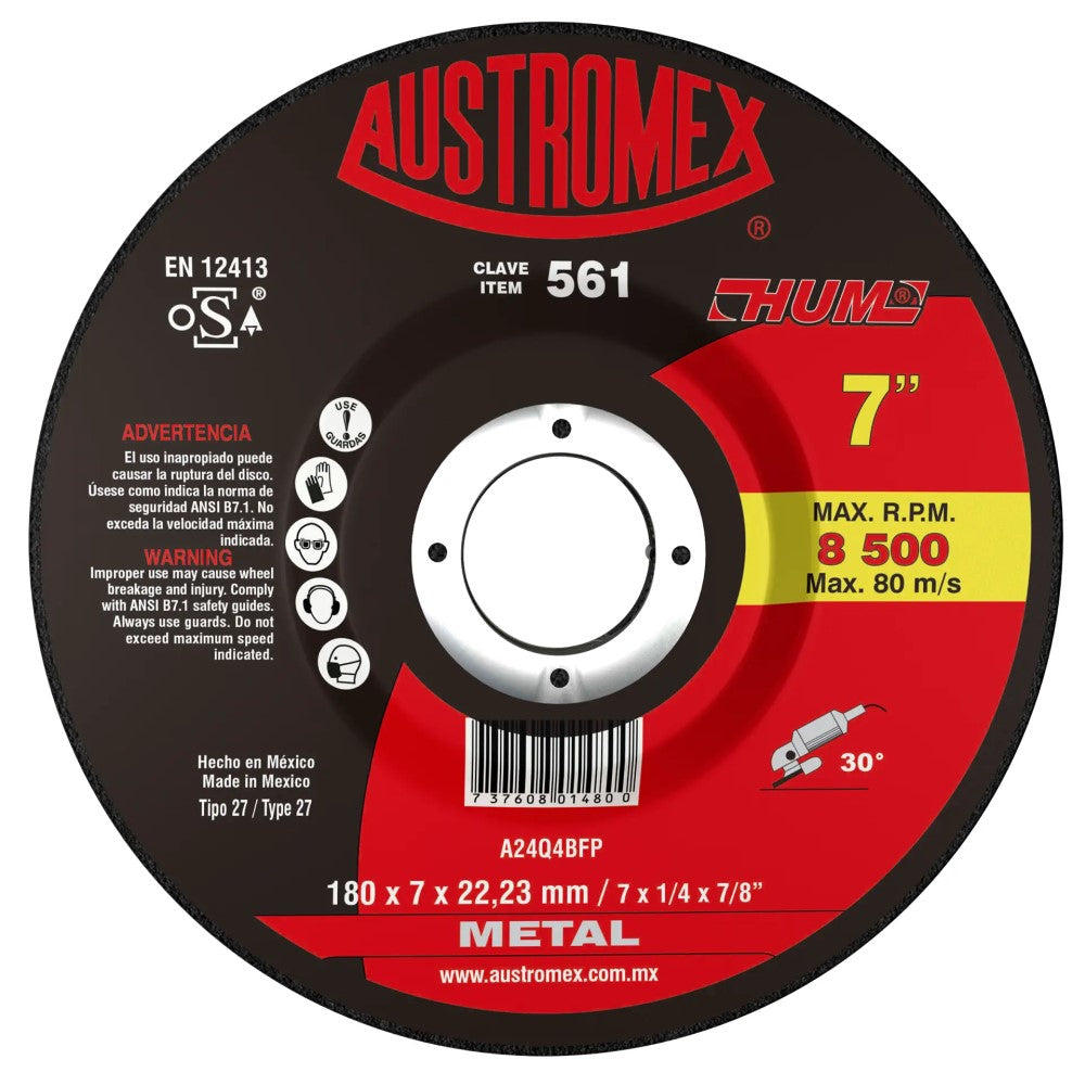 DISCO CON CENTRO DEPRIMIDO PARA DESBASTE DE METAL A24Q4BFP 7X1/4X7/8 (180X7X22.23) MCA AUSTROMEX