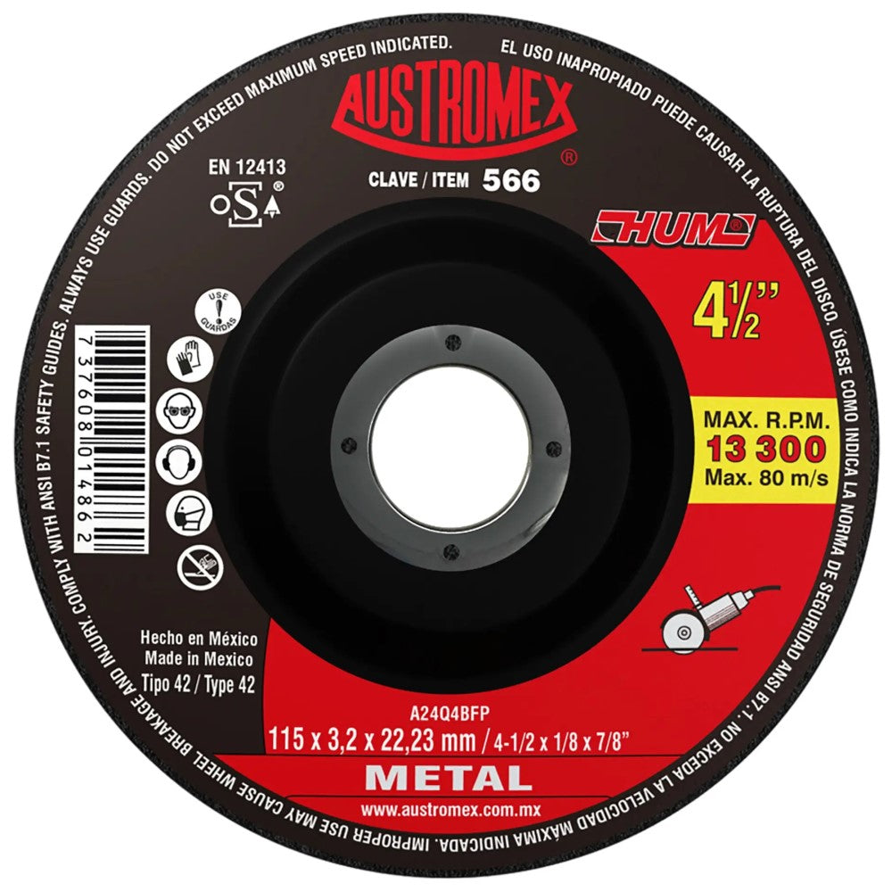DISCO CON CENTRO DEPRIMIDO PARA CORTE DE METAL A24Q4BFP 4-1/2X1/8X7/8 (115X3.2X22.23) MCA AUSTROMEX