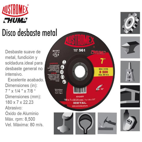DISCO CON CENTRO DEPRIMIDO PARA CORTE DE METAL A24Q4BFP 7X1/8X7/8 (180X3.2X22.23) MCA AUSTROMEX