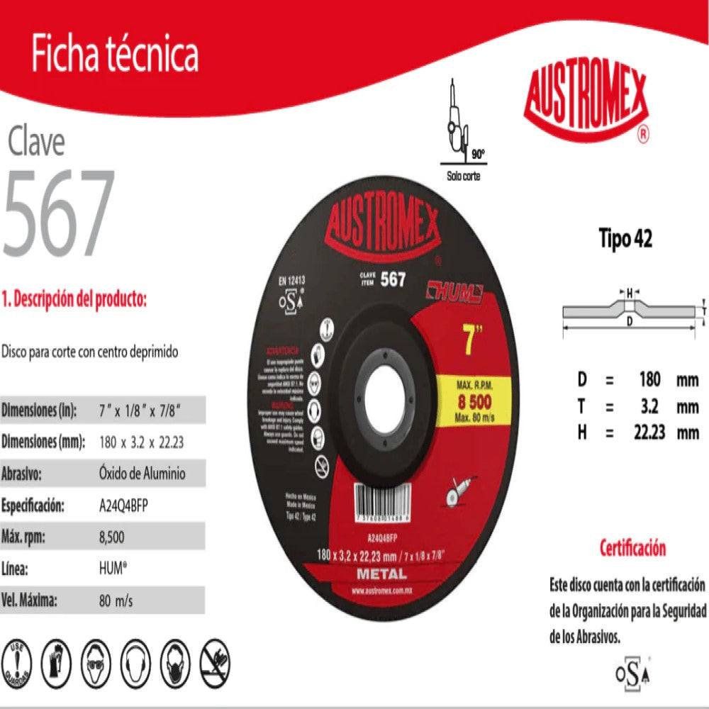 DISCO CON CENTRO DEPRIMIDO PARA CORTE DE METAL A24Q4BFP 7X1/8X7/8 (180X3.2X22.23) MCA AUSTROMEX