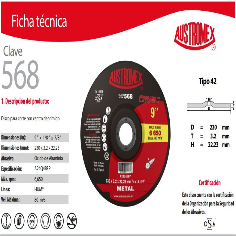DISCO CON CENTRO DEPRIMIDO PARA CORTE DE METAL A24Q4BFP 9X1/8X7/8 (230X3.2X22.23) MCA AUSTROMEX