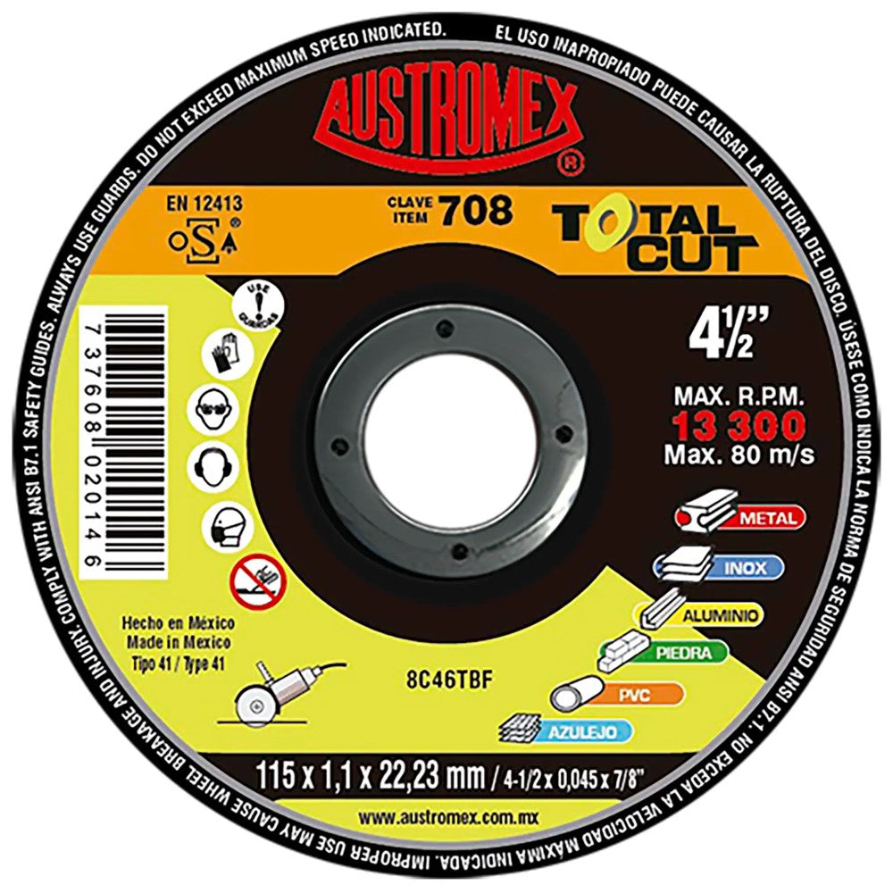 DISCO PLANO PARA CORTE TOTAL CUT 8C46TBF 4-1/2X0.045X7/8 (115 X 1.1 X 22.23) MCA AUSTROMEX