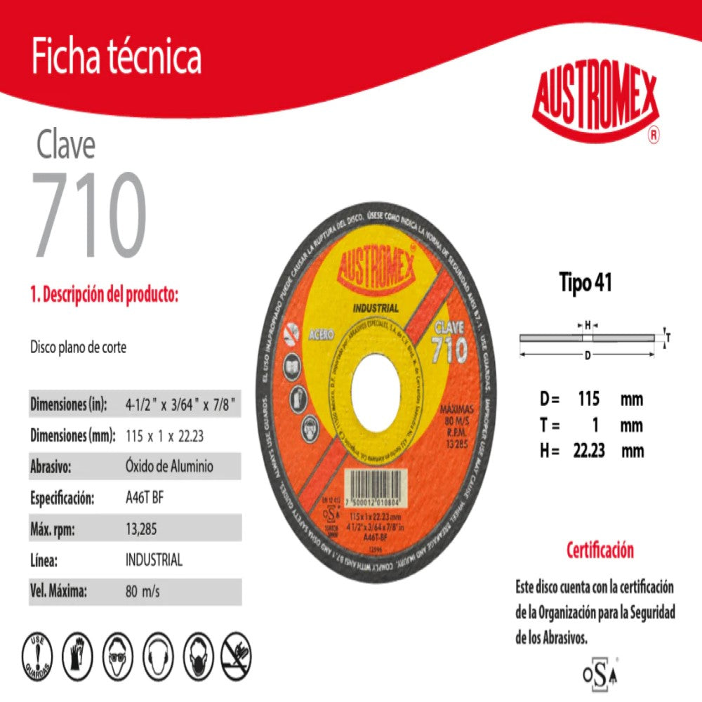 DISCO PARA CORTE DE METAL A46T BF 4-1/2X3/64X7/8 (115X1X22.2) MCA AUSTROMEX