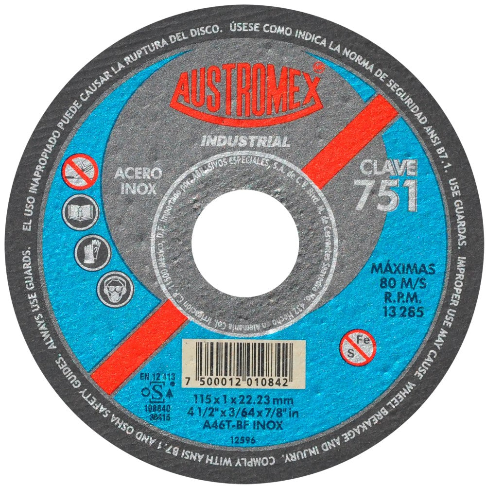 DISCO SUPER PRECISO PARA CORTE DE ACERO INOXIDABLE A46T BF INOX 4-1/2X3/64X7/8 (115X1X22.2) MCA AUSTROMEX