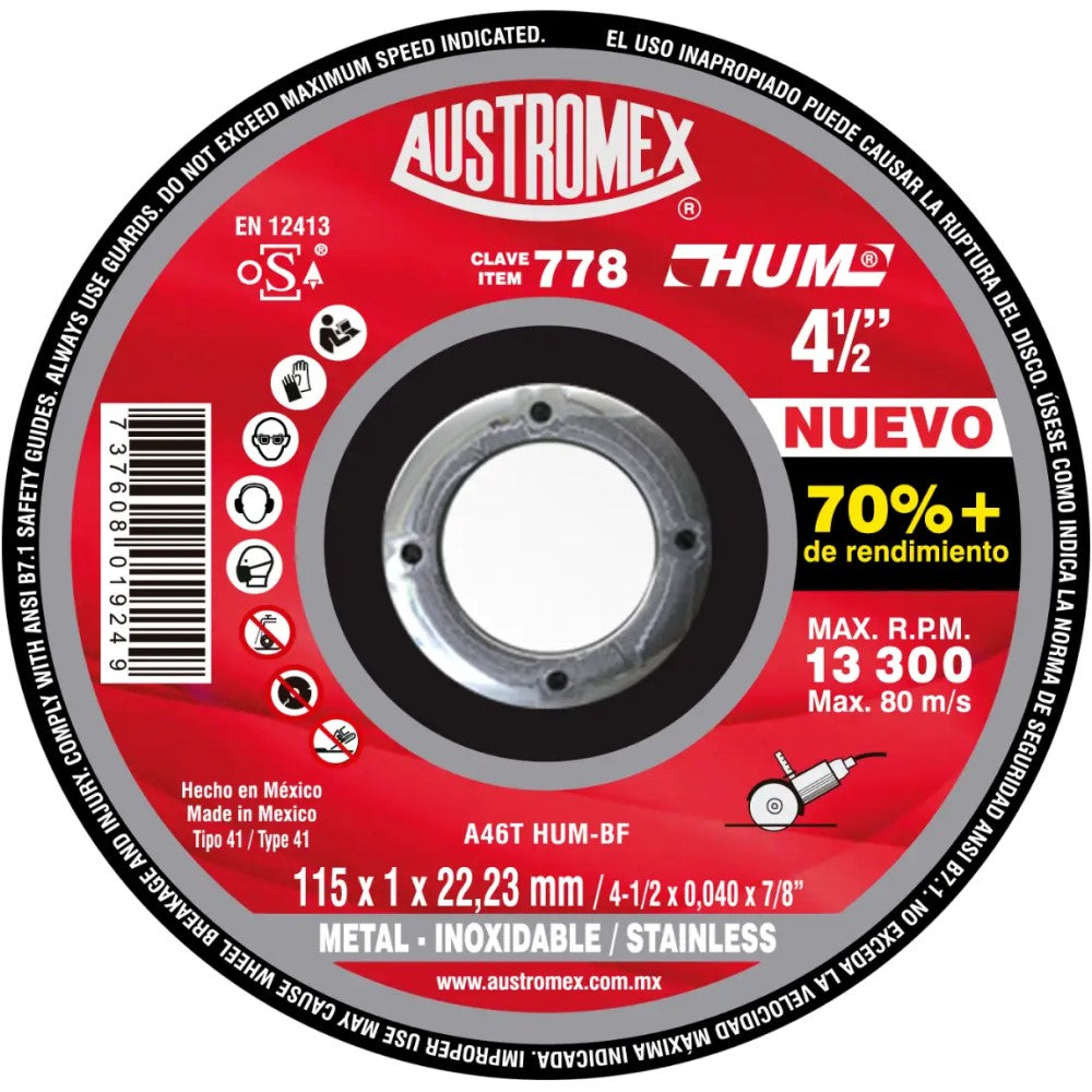 DISCO DE CORTE PLANO SUPER DELGADO PARA METAL 4-1/2X3/64X7/8 A46T HUM-BF (115X1X22.23) MCA AUSTROMEX
