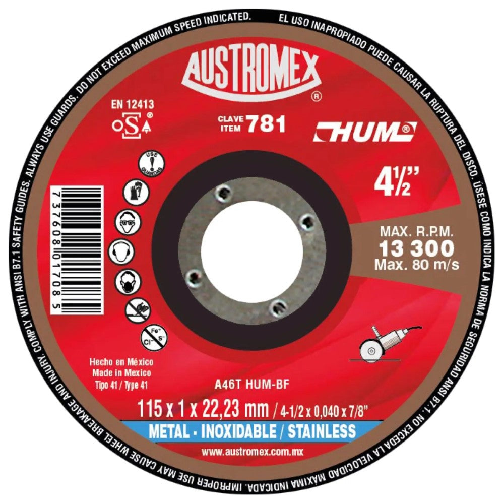DISCO SUPER PRECISO PARA CORTE DE ACERO INOXIDABLE 4-1/2X3/64X7/8 A46T HUM-BF (115X1X22.23) MCA AUSTROMEX