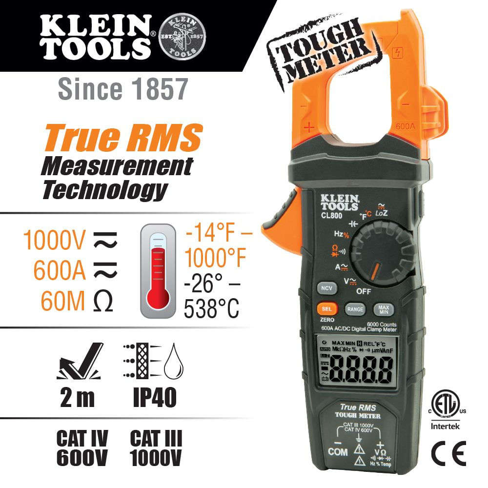 MULTIMETRO DIGITAL DE GANCHO DE RANGO AUTOMATICO DE CA CON MEDIA CUADRATICA REAL BAJA IMPEDANCIA (LOZ) Y APAGADO AUTOMATICO KLEIN TOOLS
