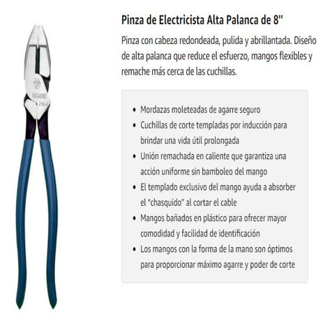 PINZA DE ELECTRICISTA ALTA PALANCA 8" TULMEX KLEIN TOOLS
