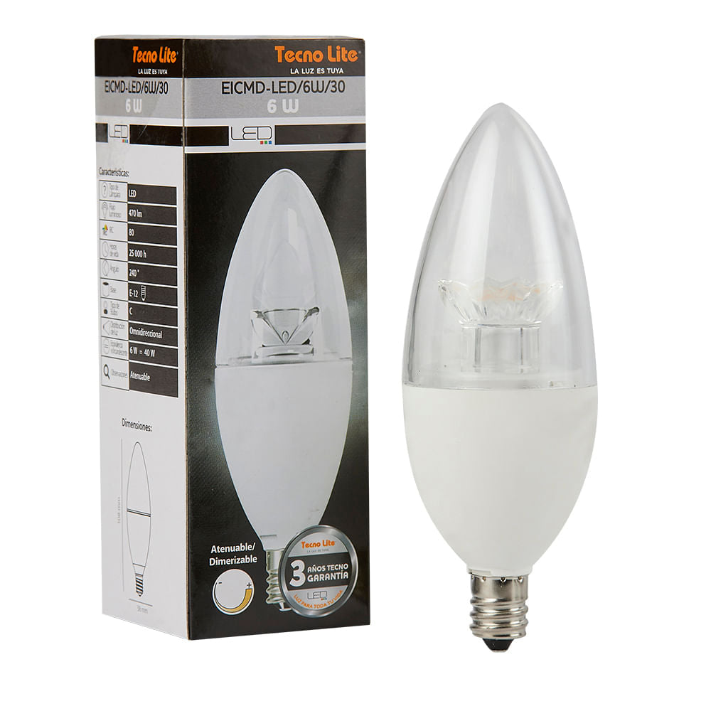 FOCO LED TECNOLITE TIPO VELA ATENUABLE 6W LUZ SUAVE CÁLIDA BASE E12