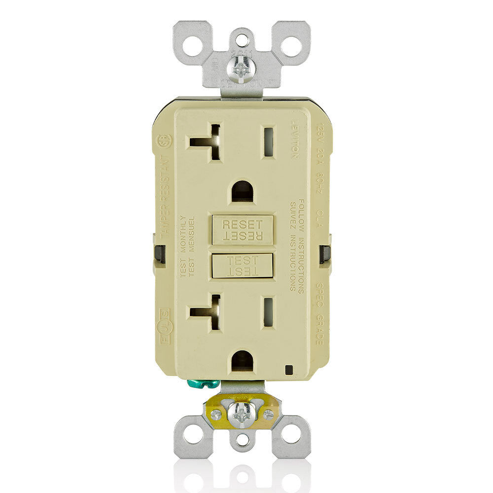 RECEPTACULO DUPLEX GFCI SLIM SMARTLOCKPRO GRADO COMERCIAL TAMPER RESISTANT 20A 125V 2P 3H C/ AUTO-PRUEBA MARFIL INCLUYE PLACA 10