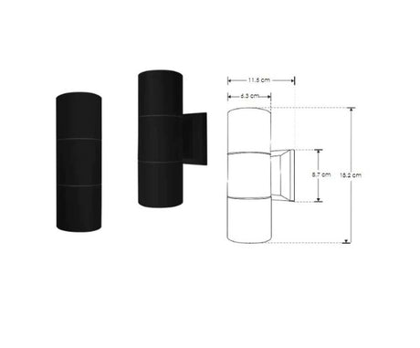 LUMINARIO CILINDRICO P/2 LAMP GU10 70W CRISTAL TEMPLADO NEGRO SALIDA SUPERIOR E INFERIOR S/LAMP 100-240V IP54 ILUMILEDS